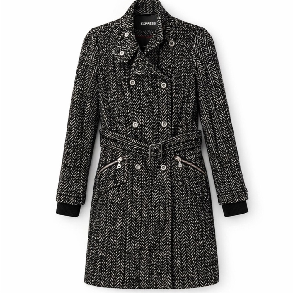 EXPRESS NWOT Wool-Blend Herringbone Belted Trench Coat Jacket Black White Tweed
